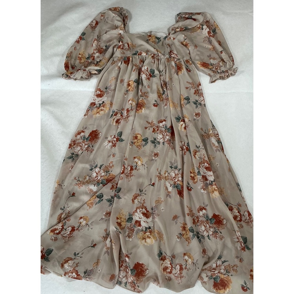 Storia Floral Puff Sleeve Midi Dress Beige Cottagecore Square Neck Womens Medium